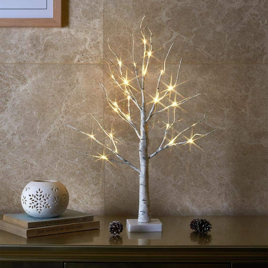 Lighted Birch Tree Christmas Decorations for Home, White Birch Tree with Lights, 24 LED Lighted Mini Money Tree Twig Tree Battery Operated with Timer, Indoor Table Centerpiece Decor (2FT)