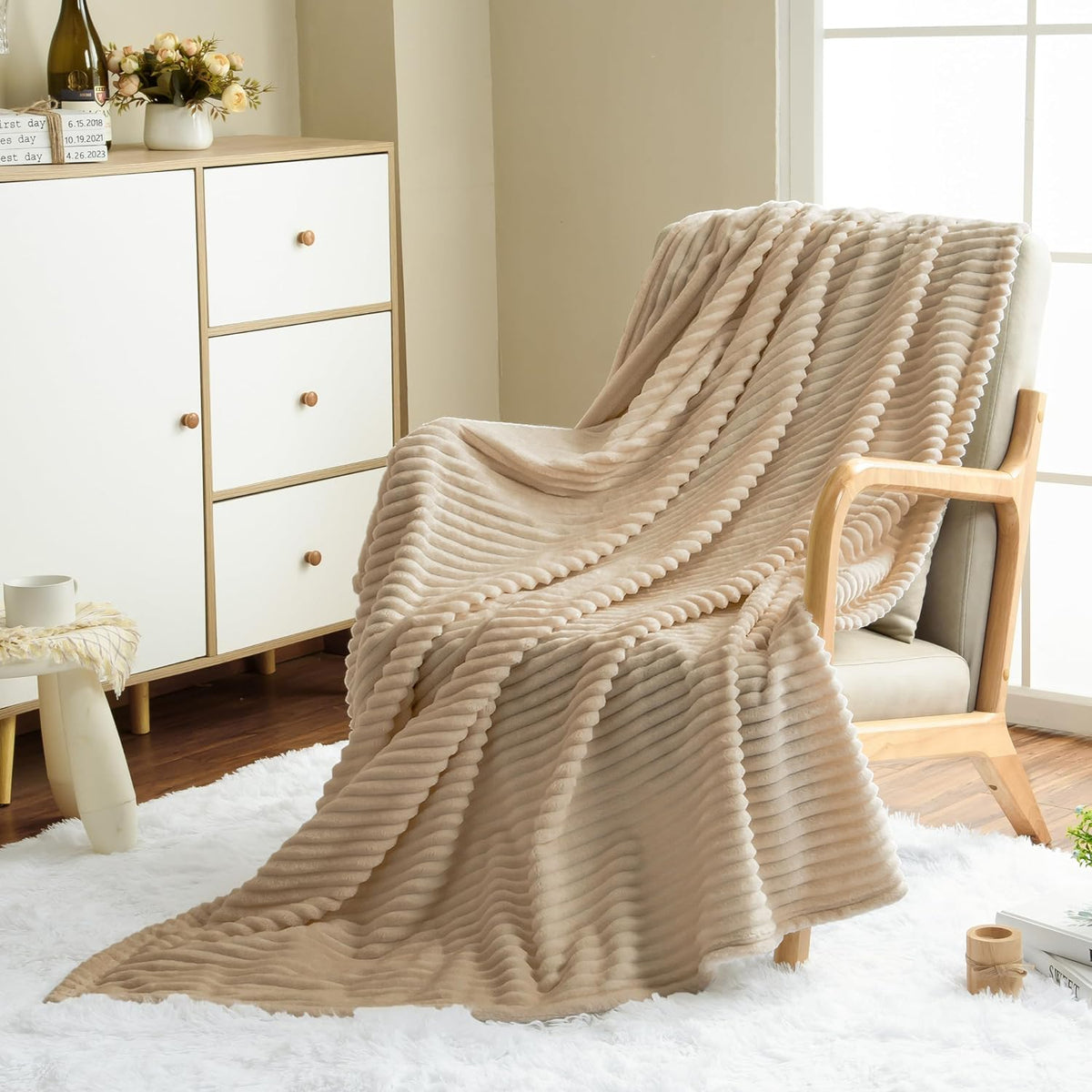 Flannel Fleece Throw Blanket for Couch,Sofa,Bed, 300GSM Striped Camel Blanket Throw for Adults and Kids, Super Soft Warm Cozy Lightweight Ribbed Light Brown Blanket for All-Season