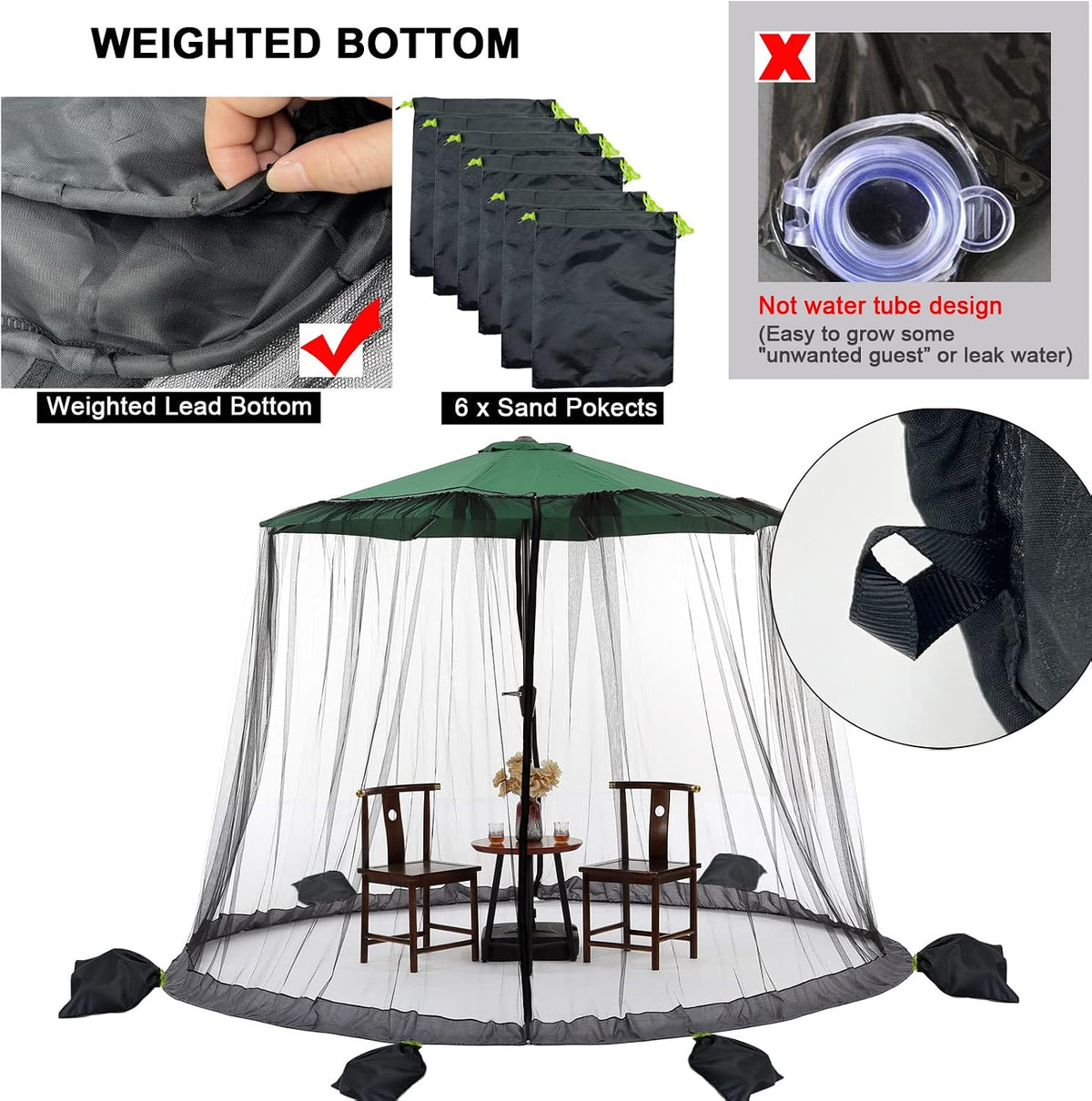 Black Patio Umbrella Mosquito Net, with Double Zipper Door, Polyester Mesh Screen, Universal for Outdoor Umbrellas, 7.5-11Ft