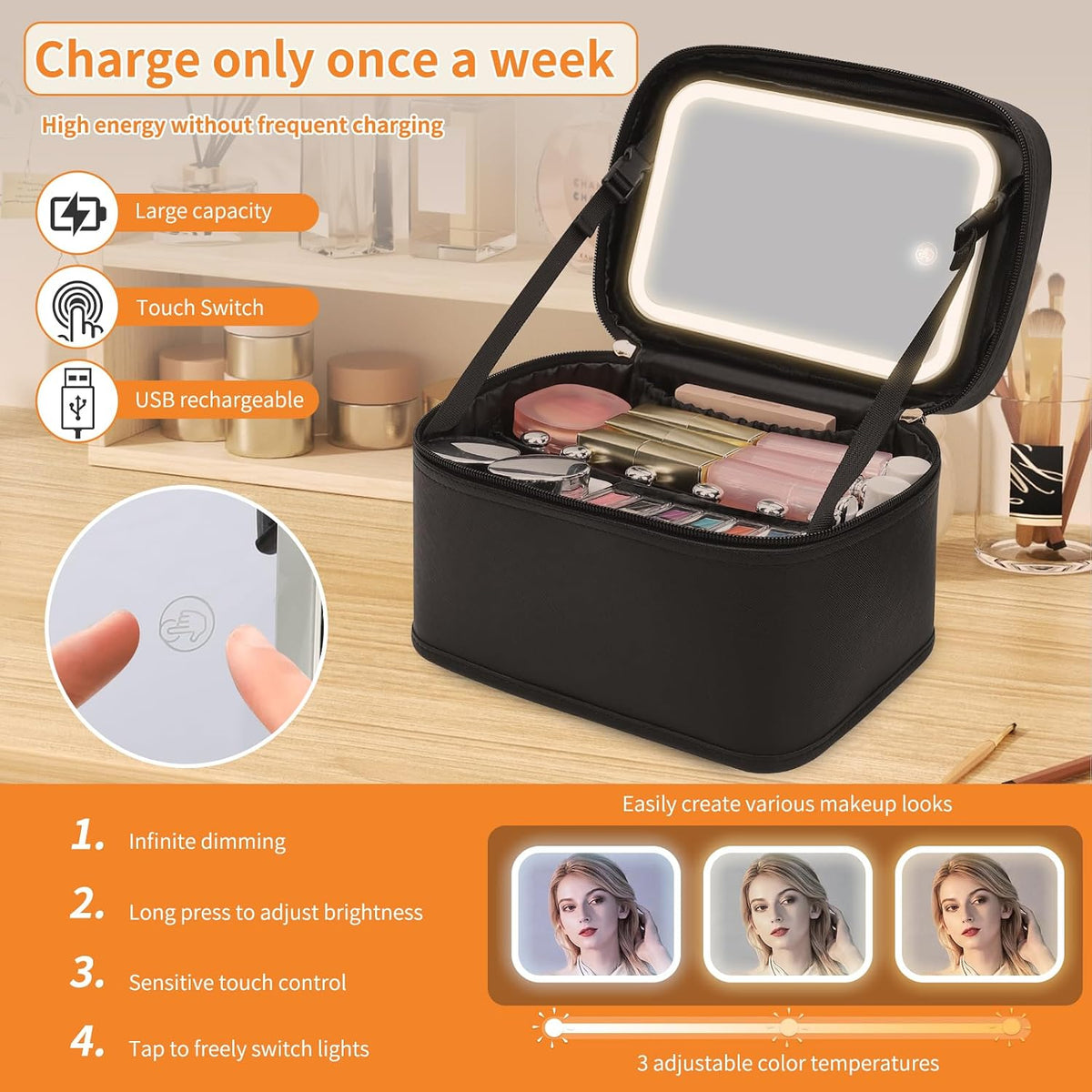 Makeup Bag with LED Mirror, Travel Makeup Bag with 3 Color Setting Light up Mirror Cosmetic Makeup Organizer Vanity Case for Women Beauty Tools Accessories Rechargeable Makeup Travel Bag-Black