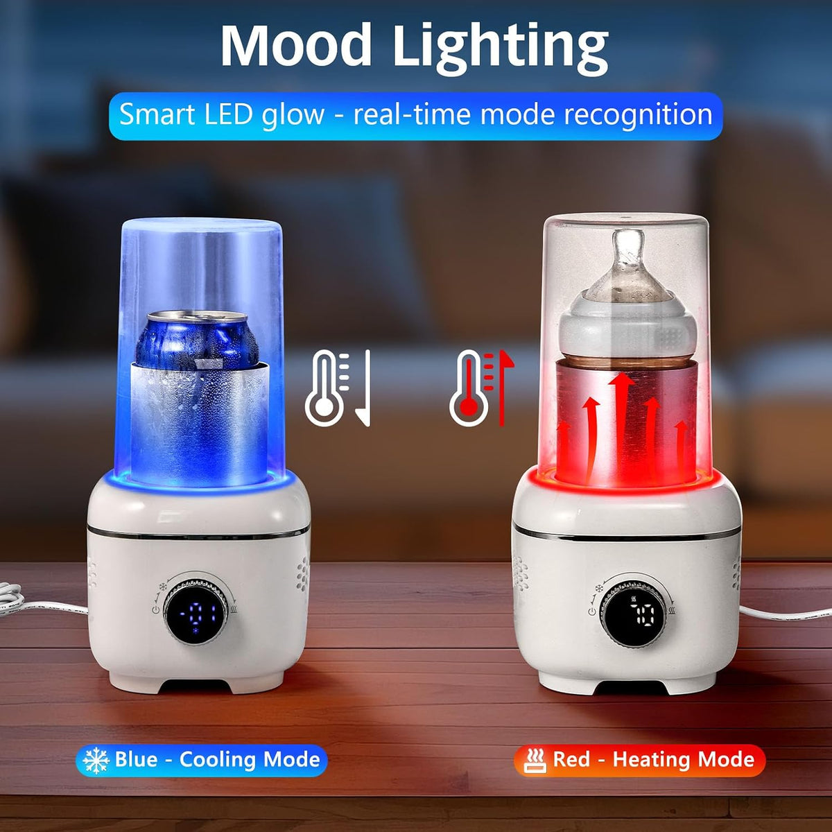 Cooling Cup with Mood Light,Beverage Cooler with Insulated Cover, 2-In-1 Cooling Cup for Desk(Cooling&Heating),Electric Drink Cooler for Cola Beer Coffee Juice Yogurt -White