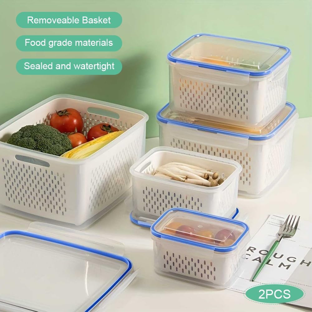 2 Pcs Fruit Storage Containers for Fridge with Removable Colander & Lid