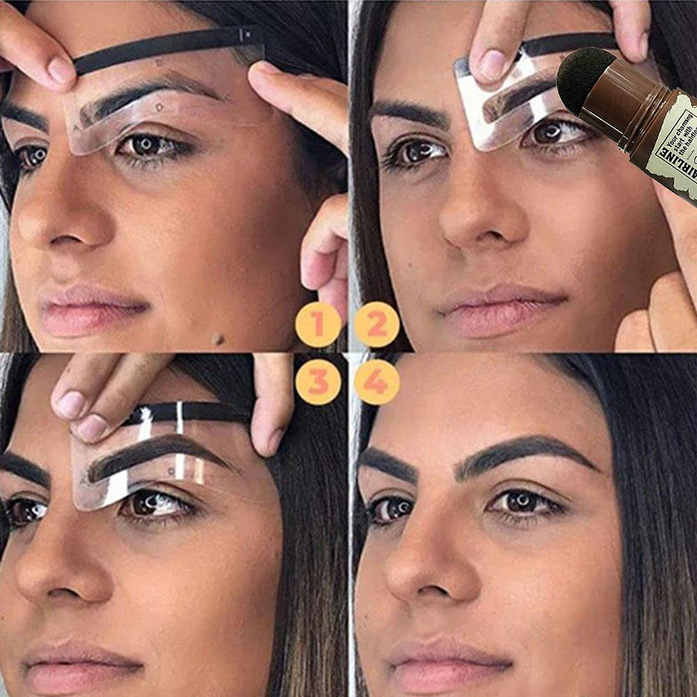 Eyebrow Stamp Shaping Kit, One Step Brow Stamp Stencil Kit Waterproof Eye Brow Stamp Makeup Tools Eyebrow Definer with 6 Reusable Eyebrow Stencils (Light Brown)