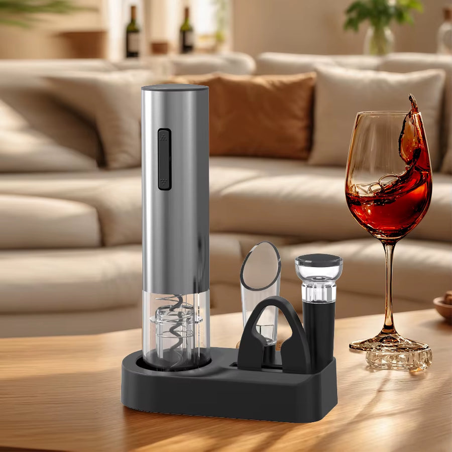 Rechargeable Electric Wine Opener Set Automatic Electric Wine Opener with Stand Metal Opener with Foil Cutter, Pourer, Stopper