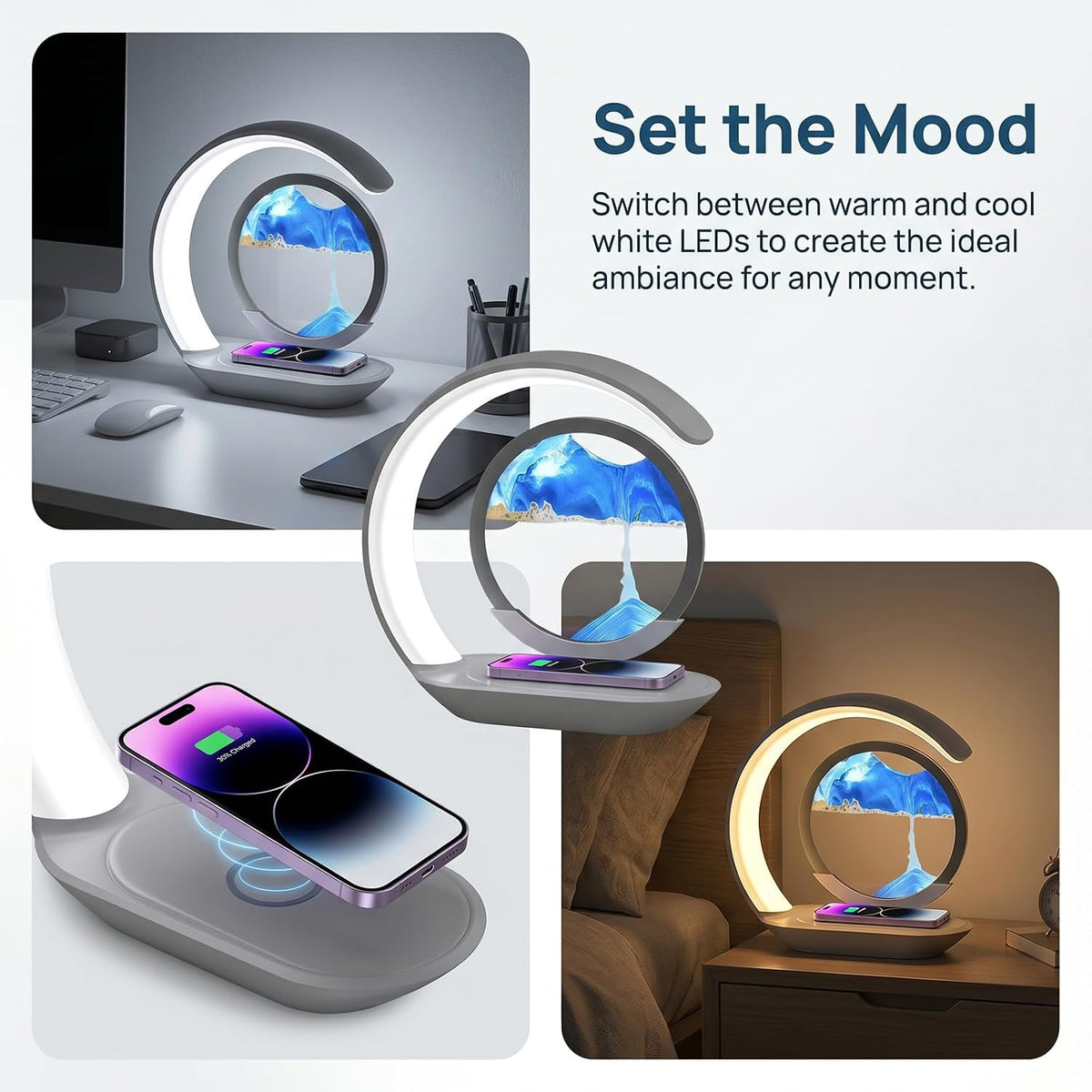 3-In-1 Moving Sand Art Desk Lamp with Wireless Charging Station