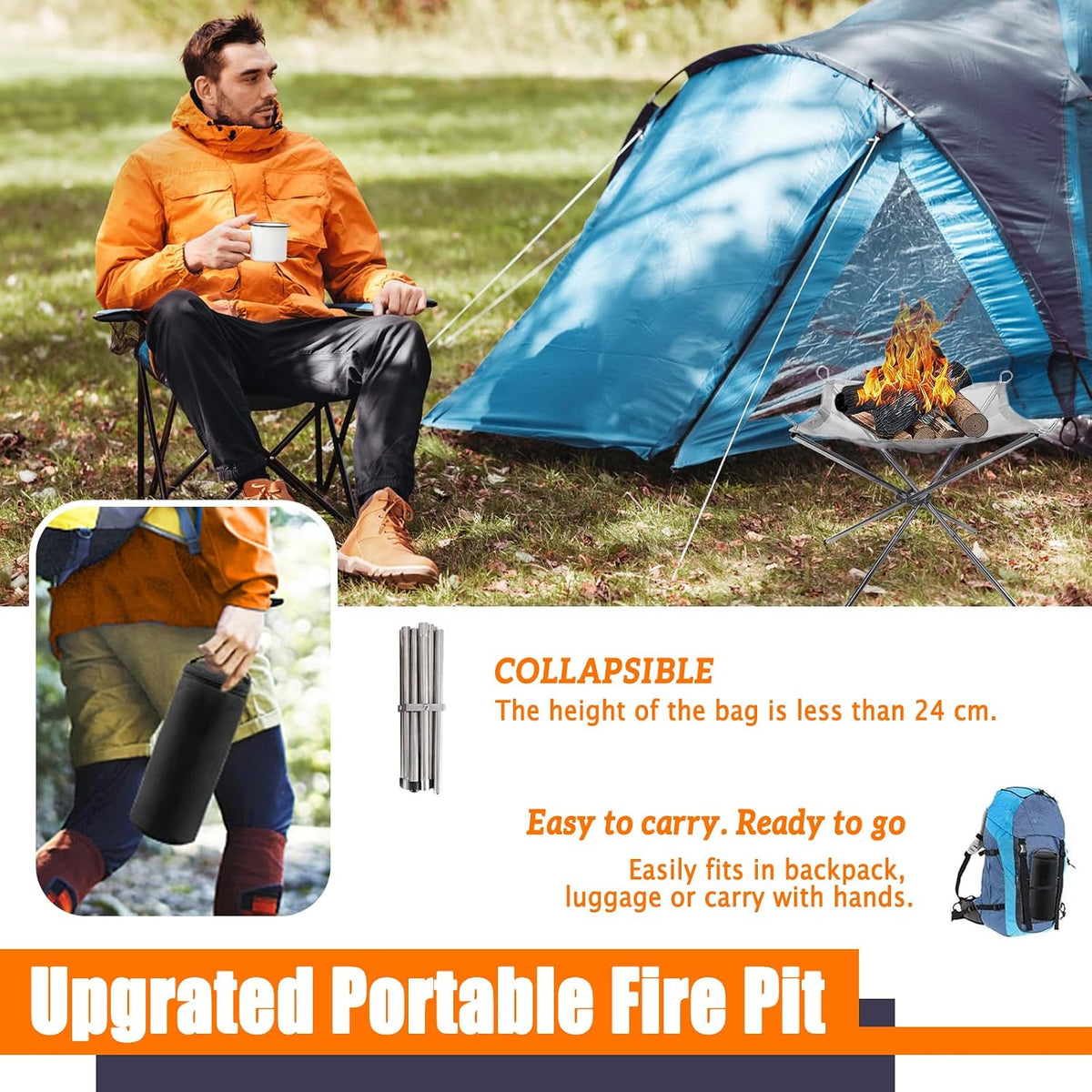 22 Inch Portable Outdoor Fire Pit for Camping Upgrade Foldable Stainless Steel Mesh Fire Pits for outside Wood Burning Collapsible Fireplace for Patio,Camping,Bonfire,Backyard,Garden,Bbq