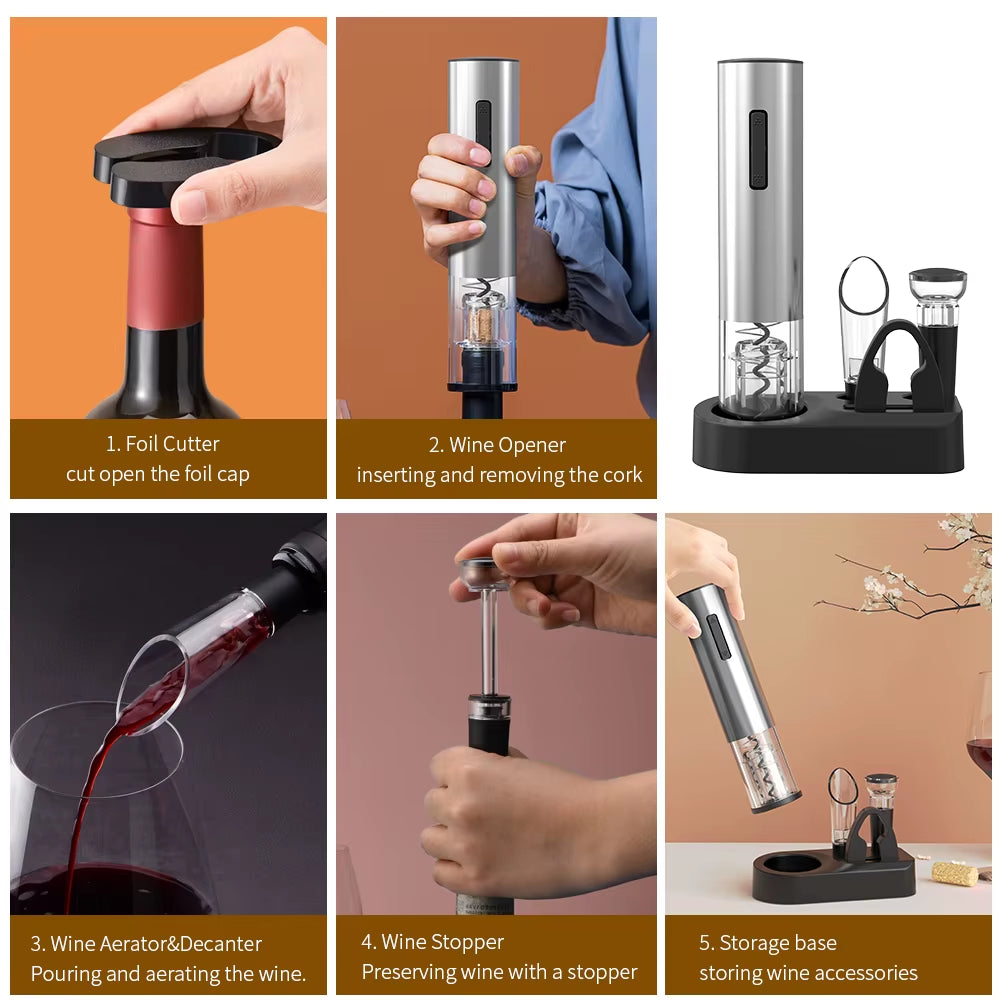 Rechargeable Electric Wine Opener Set Automatic Electric Wine Opener with Stand Metal Opener with Foil Cutter, Pourer, Stopper