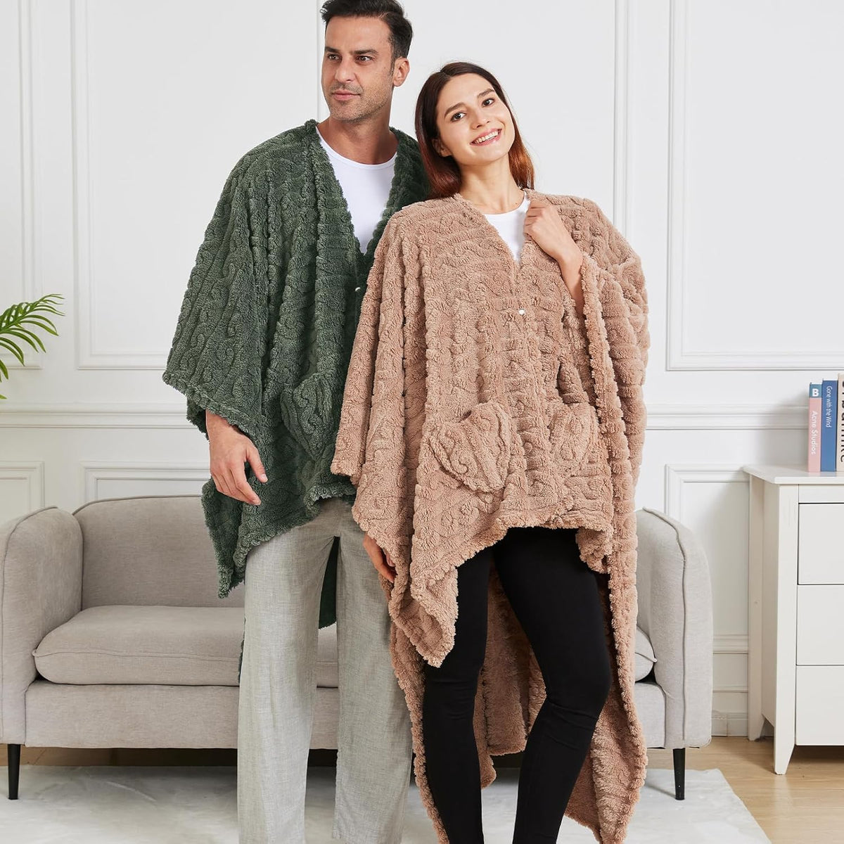 Wearable Blanket Poncho Cape Wrap for Adult, Cozy Sherpa Fleece Pocketed Shawl TV Throw Blankets for Office and Lounge,Green