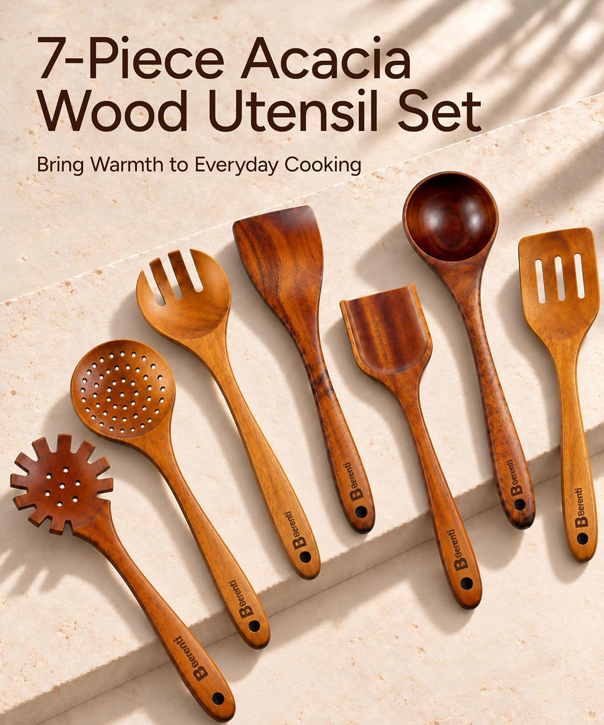 7Pc Wooden Kitchen Utensil Set, Acacia Wood Utensils for Cooking