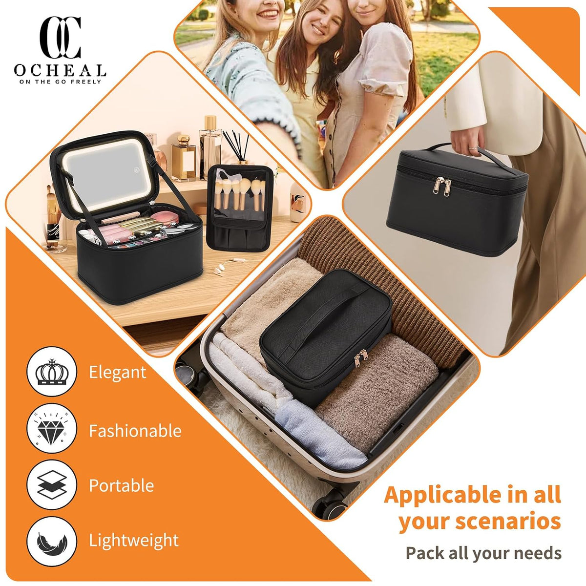 Makeup Bag with LED Mirror, Travel Makeup Bag with 3 Color Setting Light up Mirror Cosmetic Makeup Organizer Vanity Case for Women Beauty Tools Accessories Rechargeable Makeup Travel Bag-Black