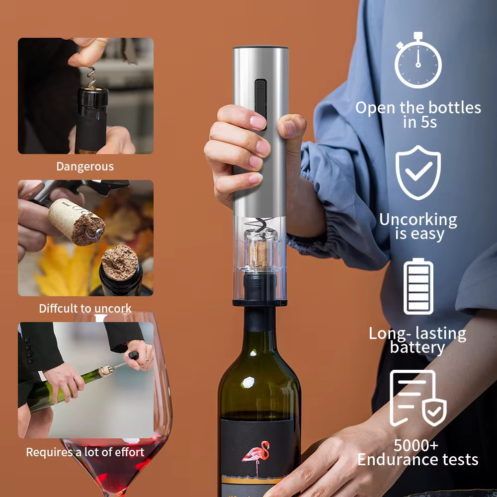 Rechargeable Electric Wine Opener Set Automatic Electric Wine Opener with Stand Metal Opener with Foil Cutter, Pourer, Stopper