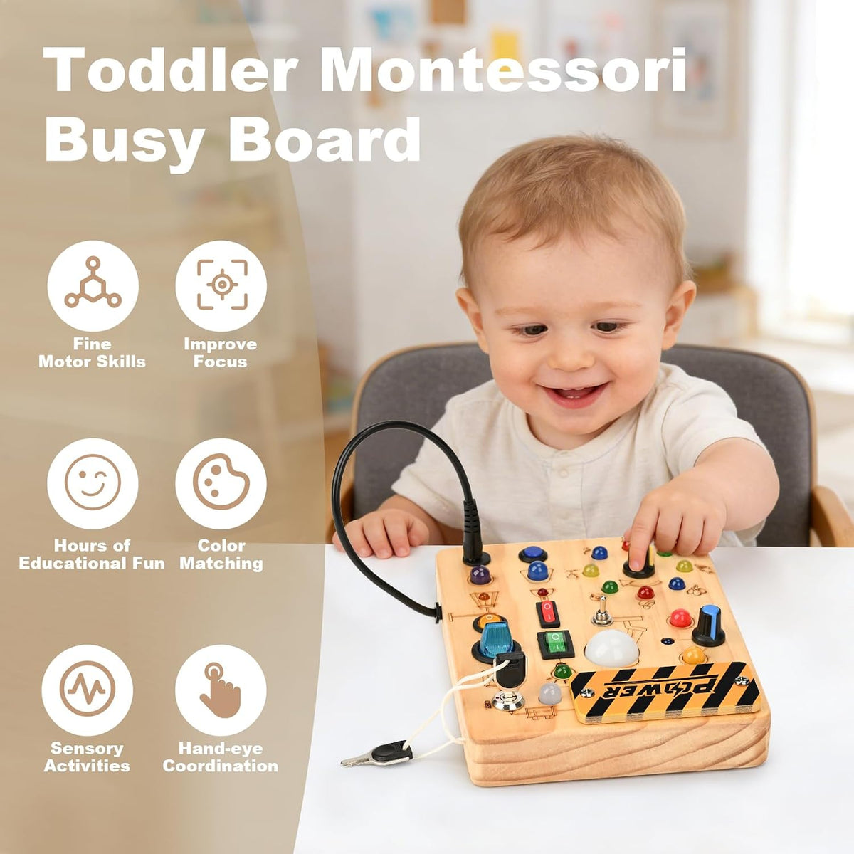 LED Busy Board for Toddlers - Montessori Sensory Toys for 1 2 3 Years Old