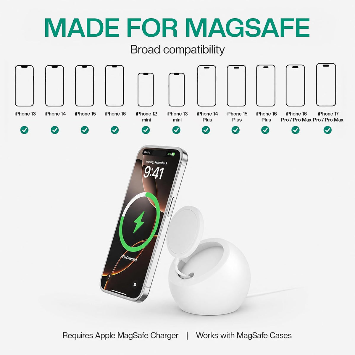 Wireless Charger, Magsafe Charger Stand, Phone Stand for Desk, White