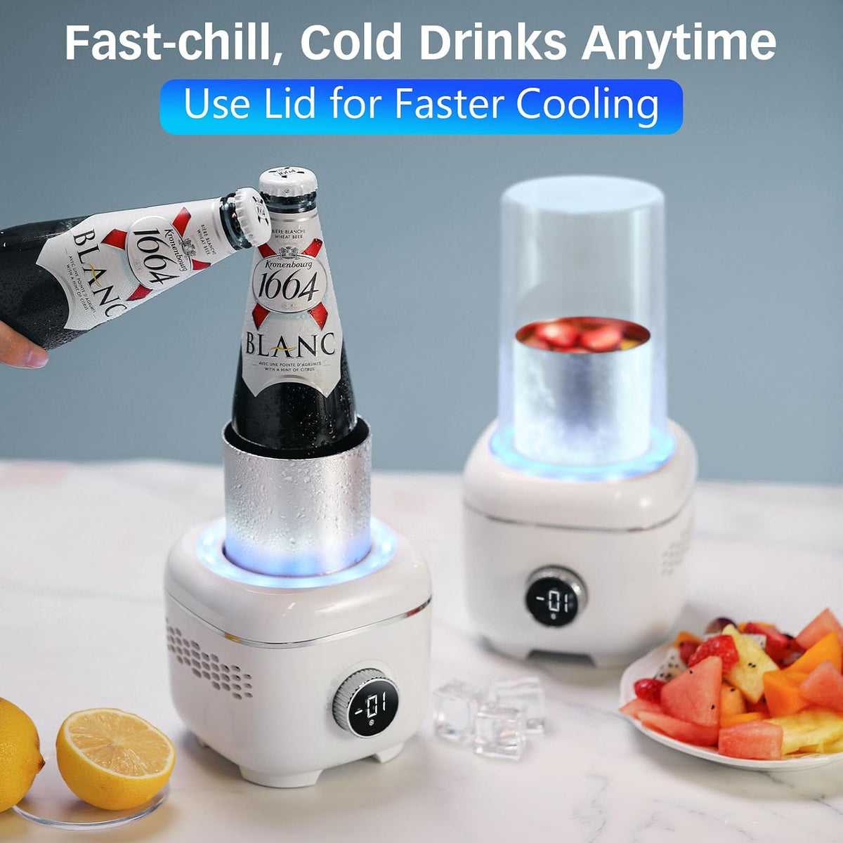 Cooling Cup with Mood Light,Beverage Cooler with Insulated Cover, 2-In-1 Cooling Cup for Desk(Cooling&Heating),Electric Drink Cooler for Cola Beer Coffee Juice Yogurt -White