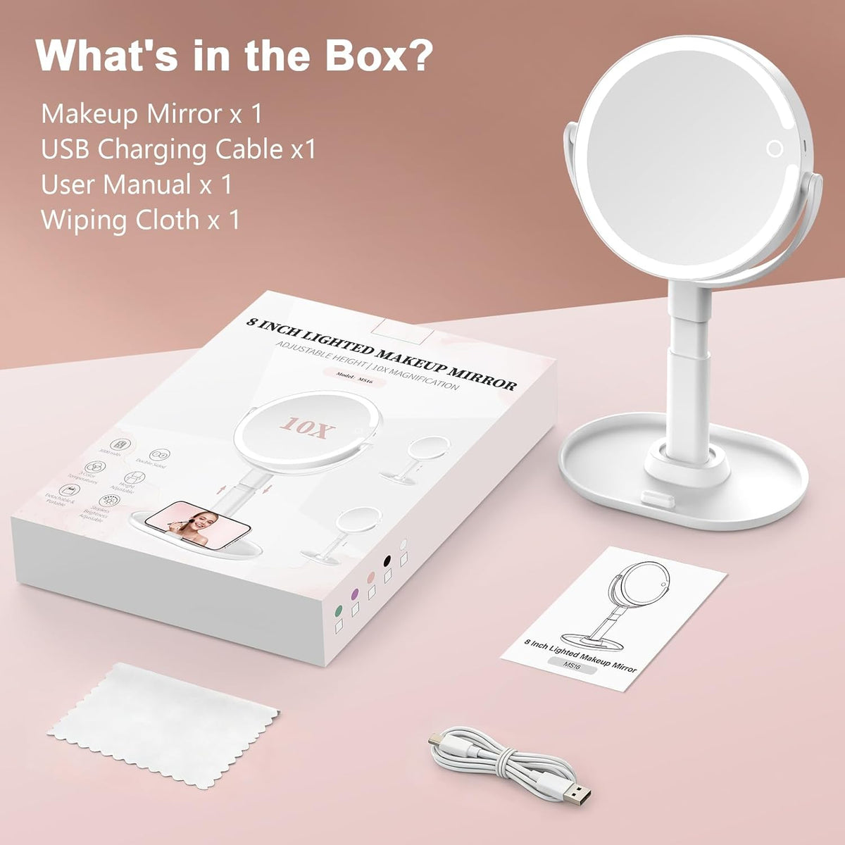Rechargeable Lighted Makeup Mirror, 10X Magnification, 7 Inch