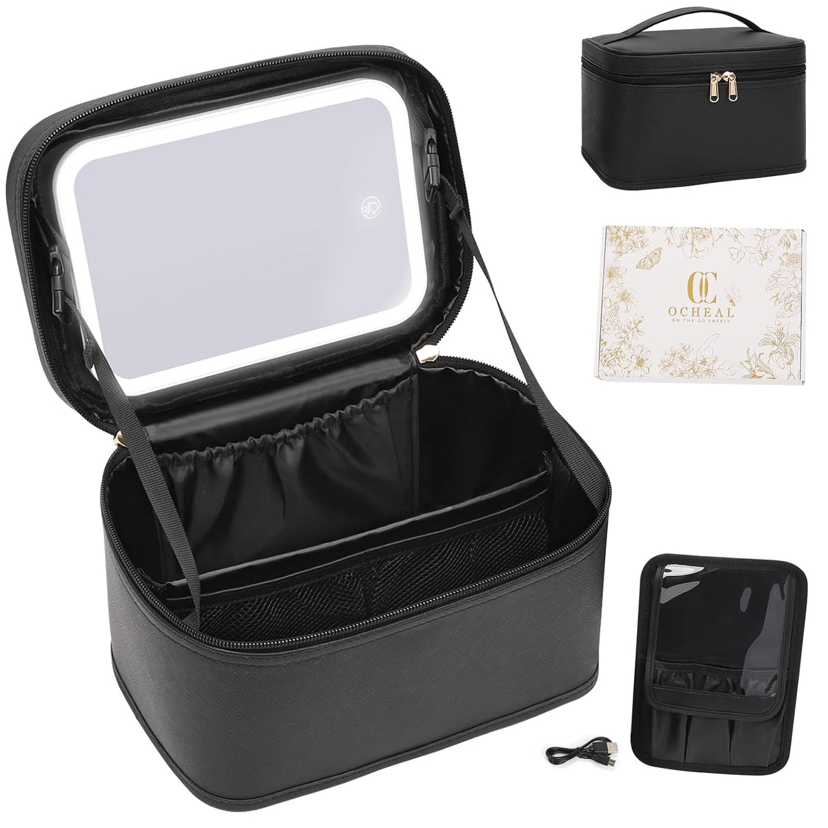 Makeup Bag with LED Mirror, Travel Makeup Bag with 3 Color Setting Light up Mirror Cosmetic Makeup Organizer Vanity Case for Women Beauty Tools Accessories Rechargeable Makeup Travel Bag-Black