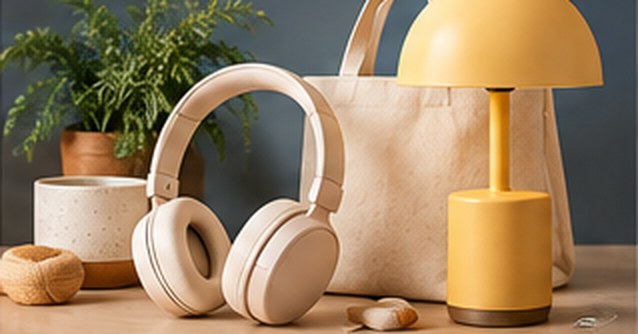 Canvas tote, headphones and a yellow lamp beside houseplants